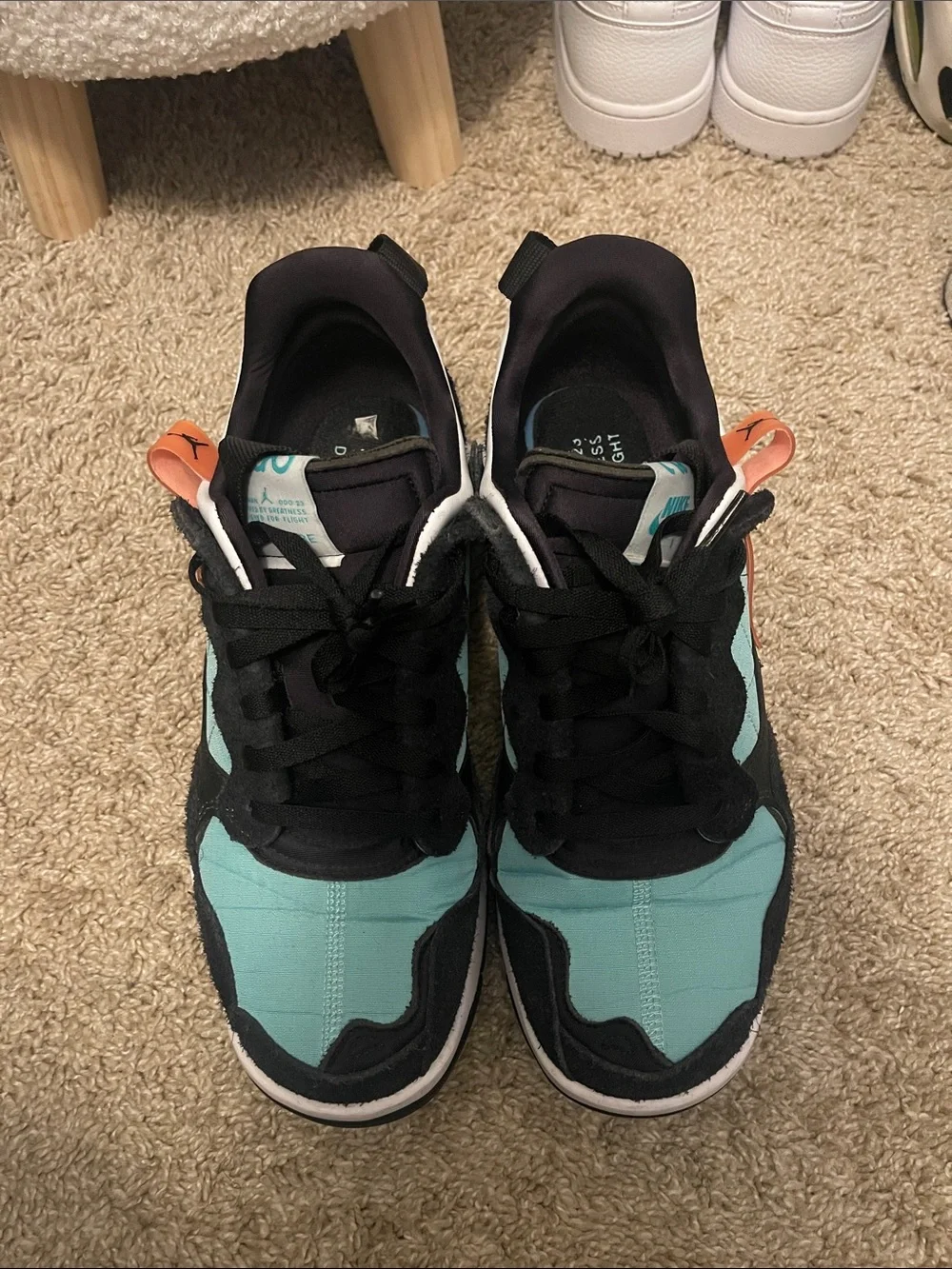 Jordan Men's Sneakers in Teal, Black & White with Orange Tag